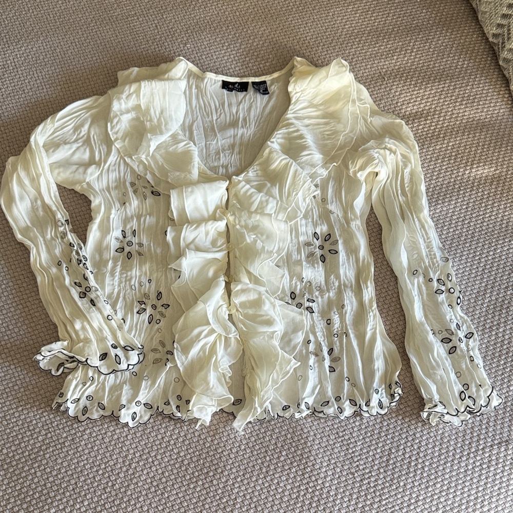 Elegant Cream Ruffled Crepe Women's Blouse